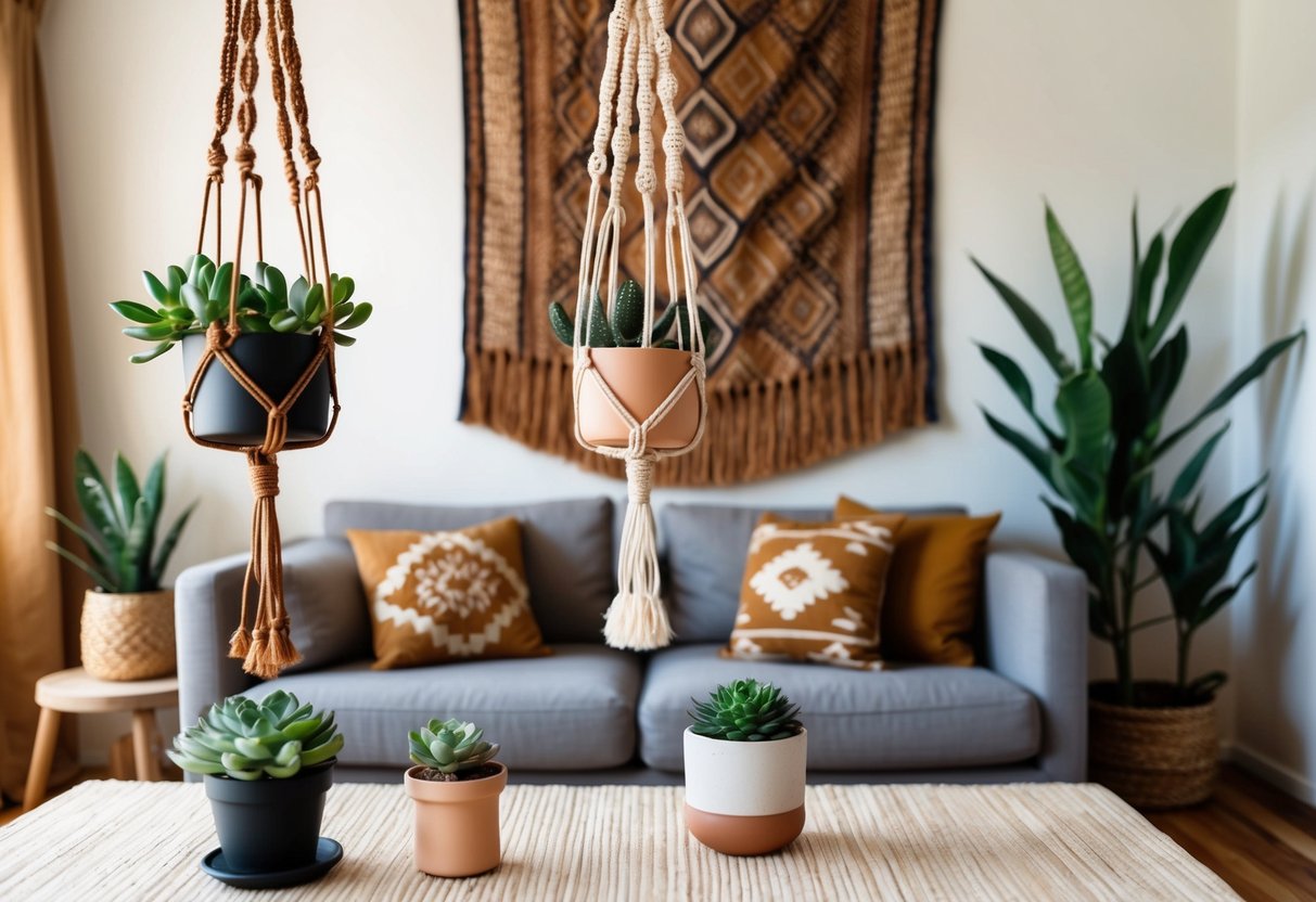 A cozy living room with hanging macrame plant holders, potted succulents, and woven wall tapestries in earthy tones