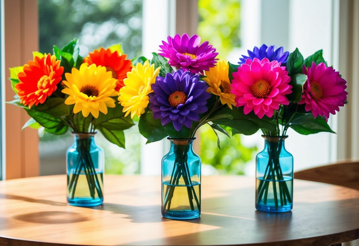 Vibrant fake flowers arranged in a glass vase on a wooden table, with natural light highlighting their bold colors