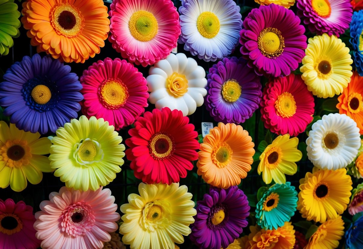 Vibrant, lifelike artificial flowers arranged in various types and designs, creating a colorful and visually appealing display