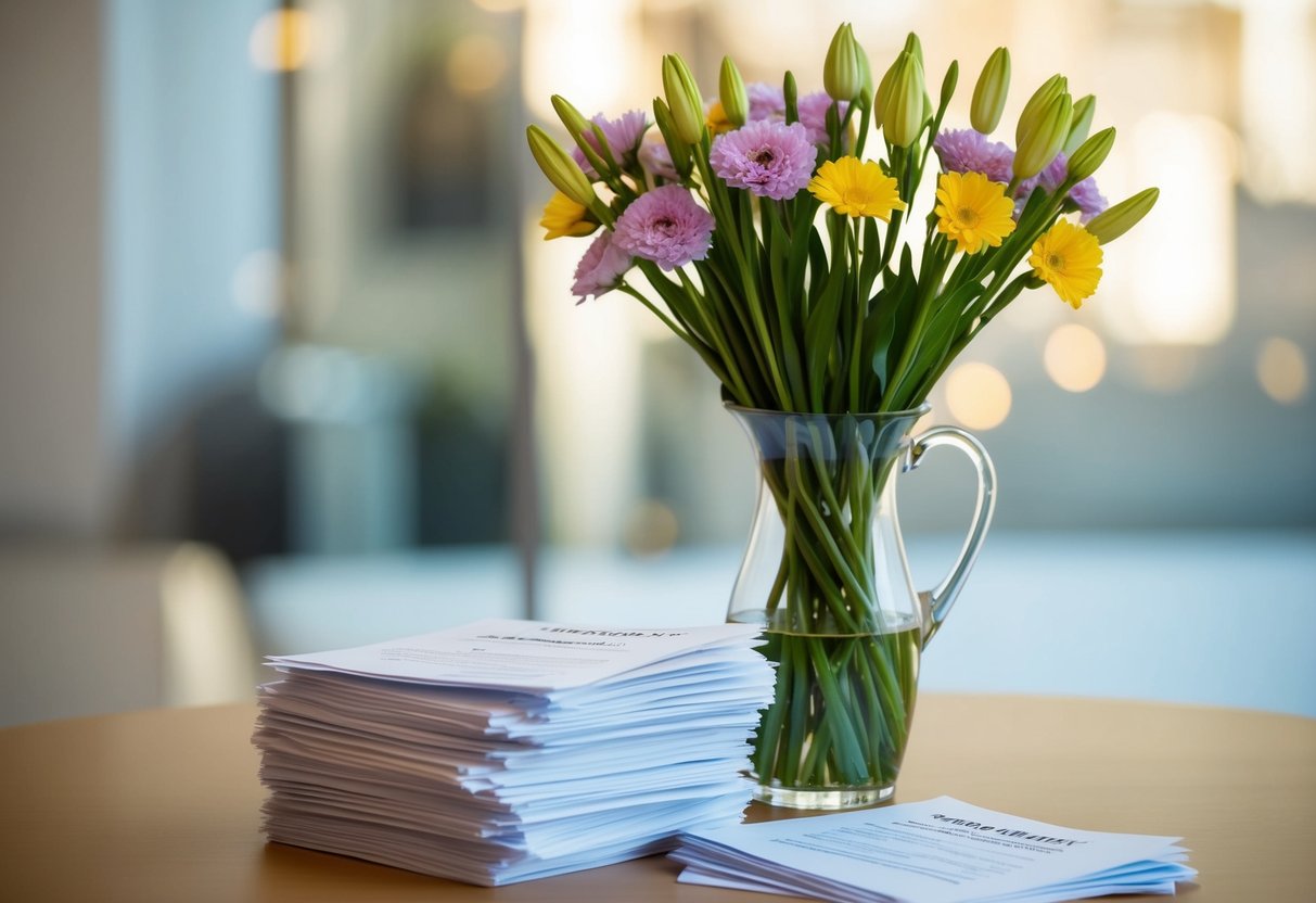 A vase filled with long-stemmed flowers, surrounded by a stack of frequently asked questions papers