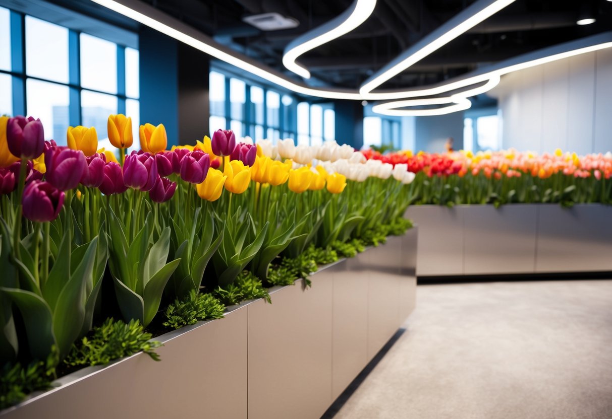 A lush arrangement of tulips in various colors adorns a sleek, modern event space, adding a touch of natural beauty to the commercial setting