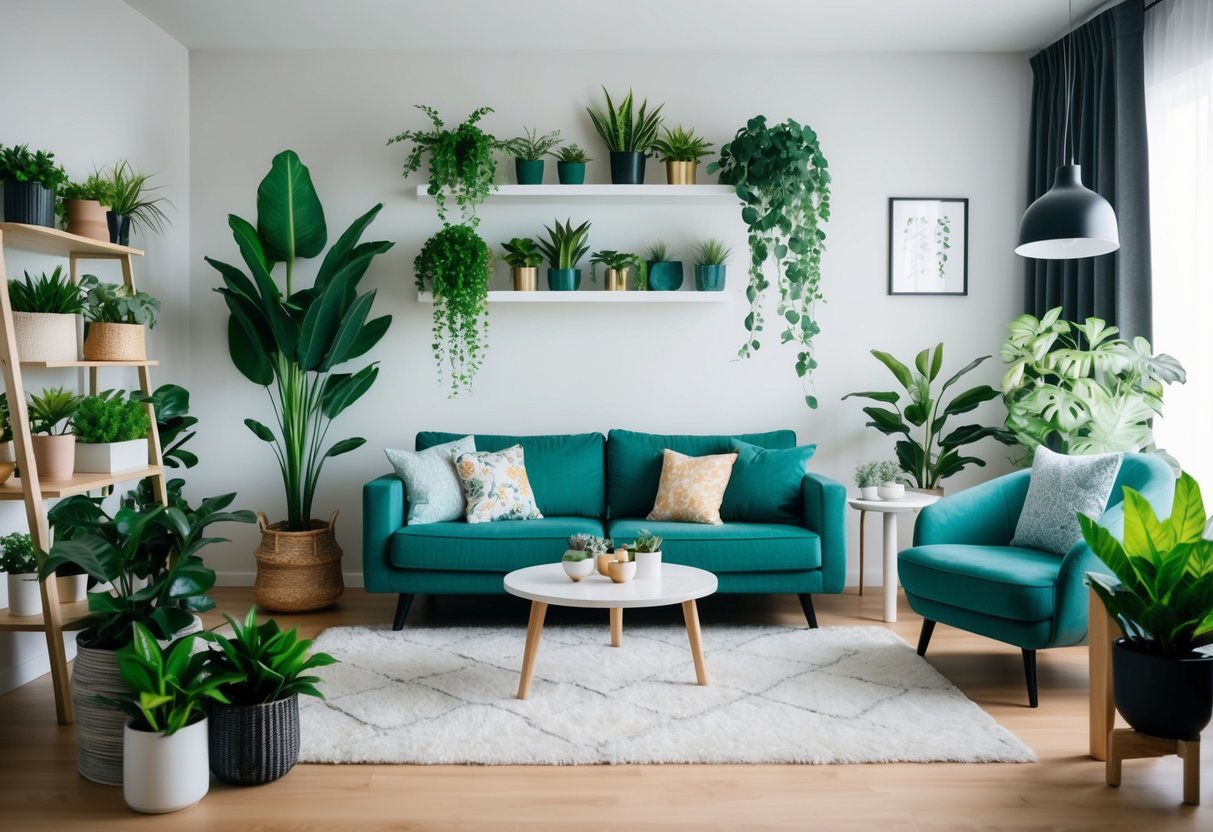 A modern living room with a variety of faux and real plants arranged on shelves and tables, creating a lush and vibrant indoor garden