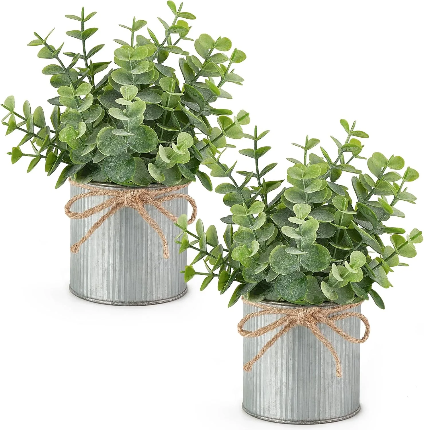 Small faux plants in rustic galvanized metal pots