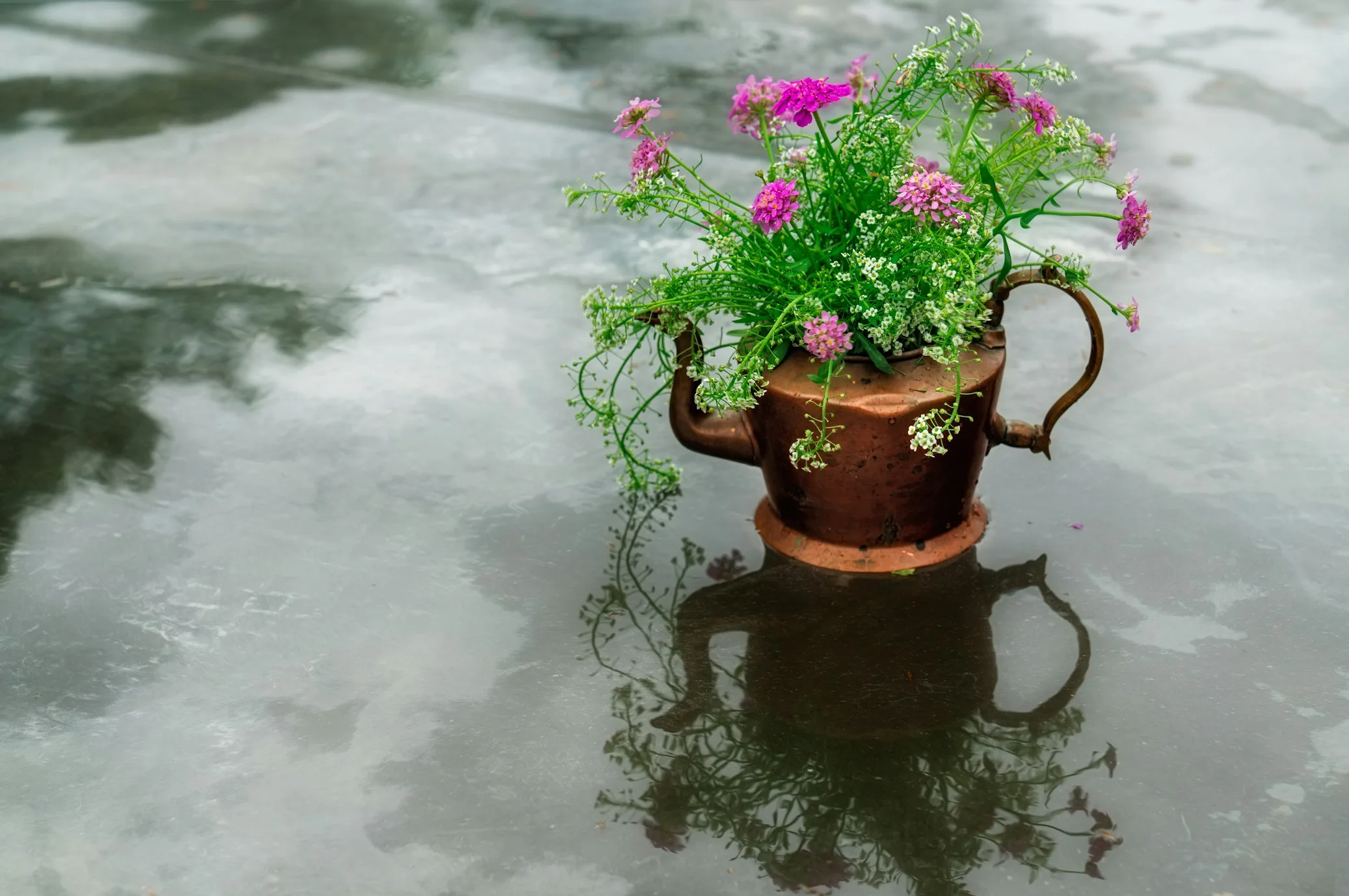 Plastic Flowers in exquisite tea pot