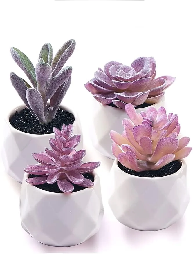 Set of 4 mini purple artificial succulents in ceramic pots on a white desk