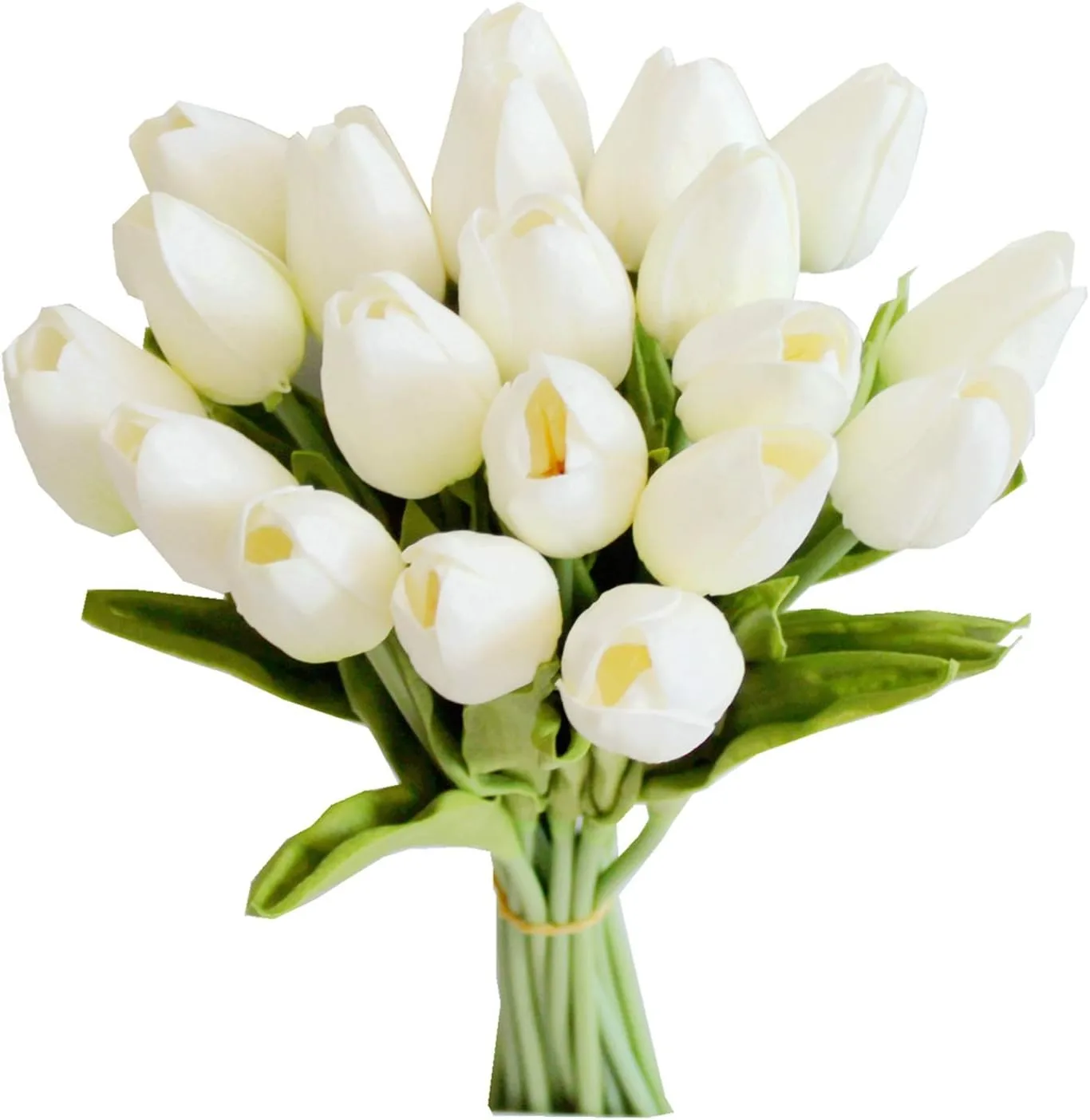 White artificial tulips made of silk arranged in a glass vase