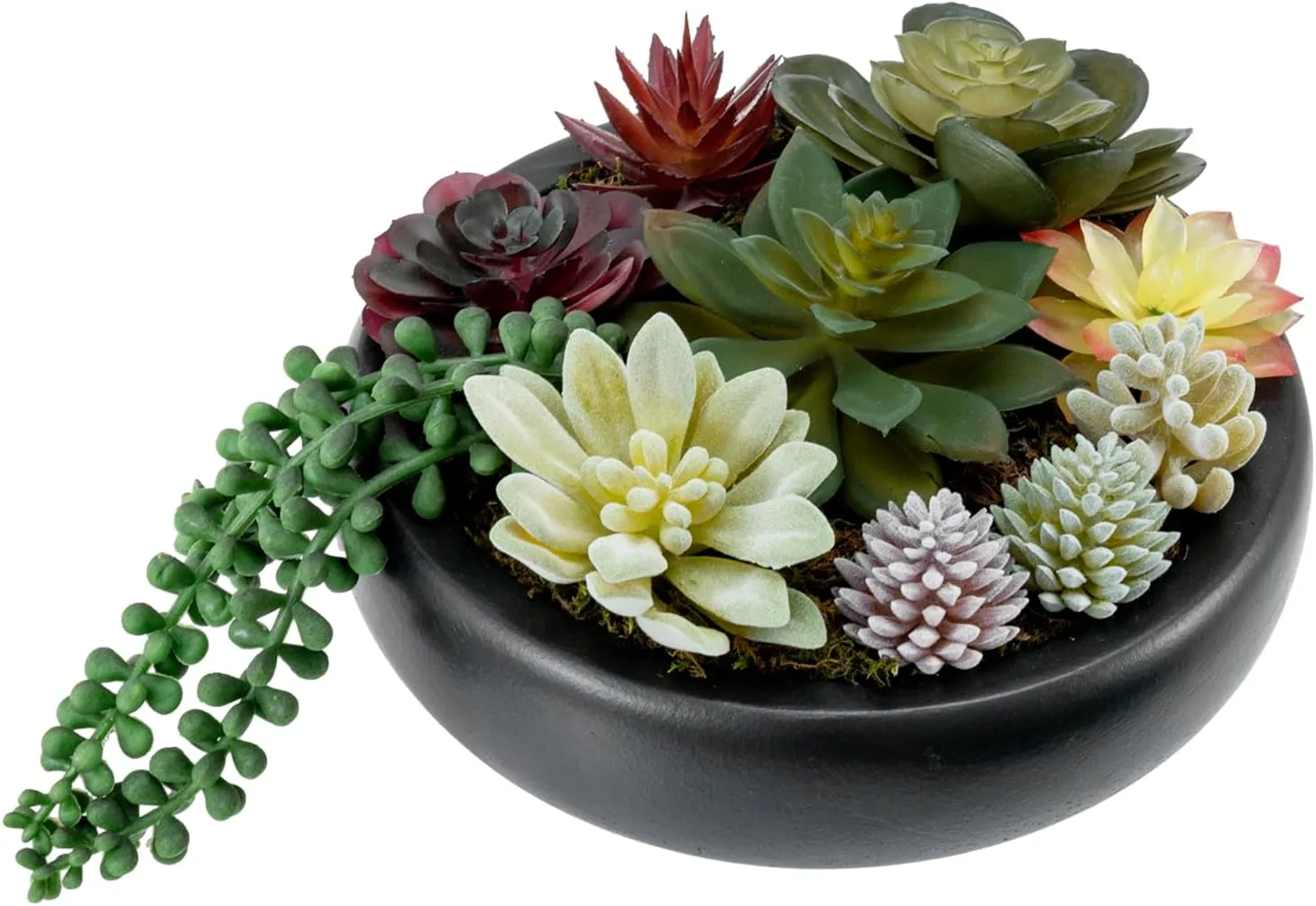 Black round concrete planter with assorted artificial succulents on an office desk