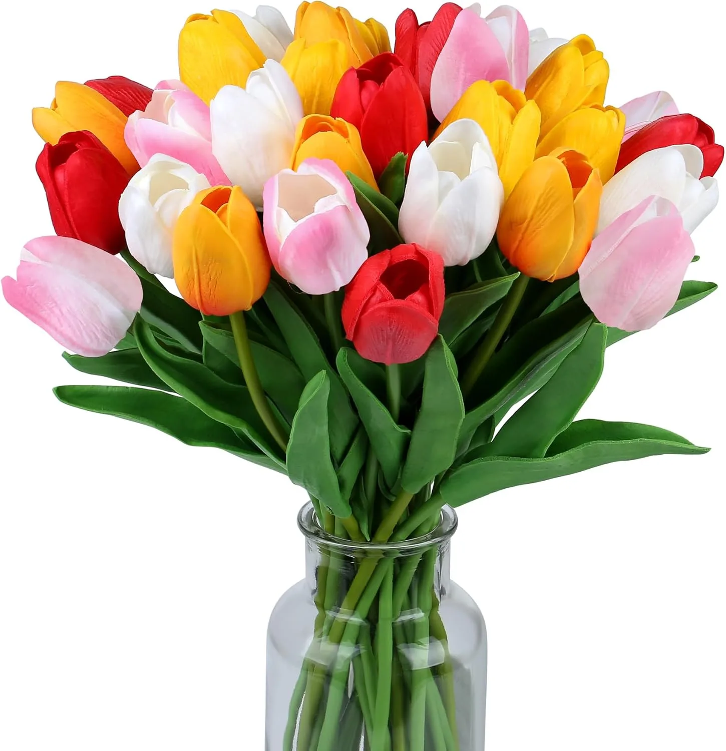 Assorted color silk tulips arranged in a modern vase