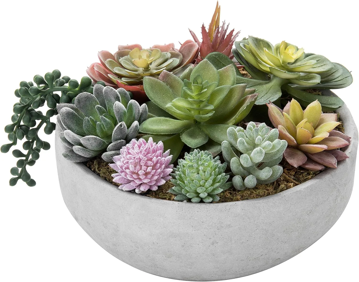 Round gray concrete bowl filled with assorted artificial succulents