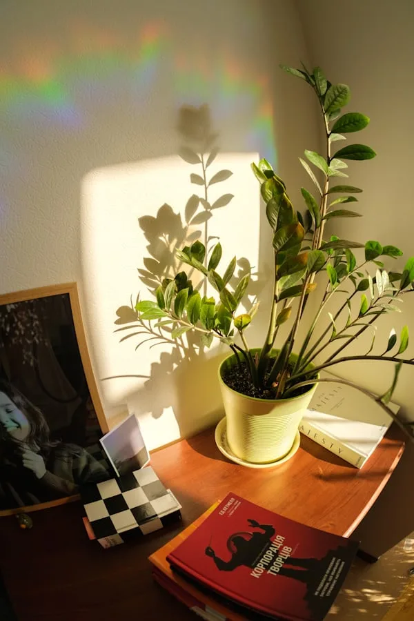 90s style artificial plant desk setup
